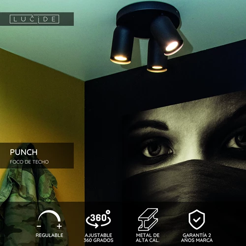 Lucide PUNCH - Foco de techo - Ø 21 cm - 3xGU10 - Negro - USP